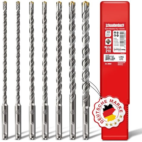 SCHWABENBACH ® - Juego de brocas SDS Plus para hormigón, 7 piezas, 6, 8, 10, 12, 14 x 210 mm. Compatible con martillo perforador Bosch, Hilti, Metabo, calidad para taladro de percusión