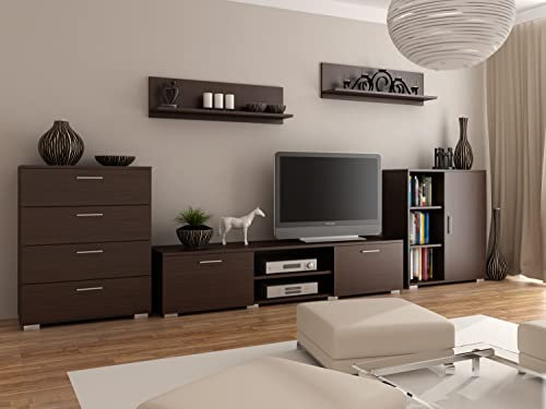 MATKAM Wohnwand Chopin 2, 5-teilig, laminierte 18 mm, Schubladenschrank H100xB80xT40cm, Fernsehschrank H35xB150xT40cm, Kommode mit Tür H100xB80xT30cm, 2X Hängeregale (Wenge)
