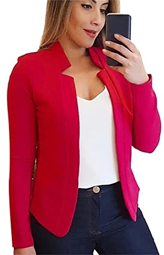OMZIN Donna Blazer Leggero da Lavoro Blazer Aperto Davanti Giacca Cardigan Corta Top Rosso S