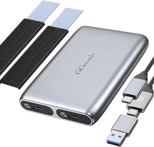 GiGimundo HBM2-2N 10Gbps Dual Bay M.2 NVMe SSD Enclosure, Sleek Aluminum Caddy, Tool-Free Heat Dissipation, with USB-C to USB 3.2 Gen 2 Adapter Cable for M Key 2230/2242/2260/2280, Grey