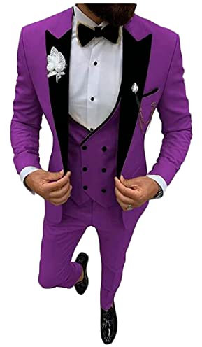 Uomo 3 PC Tacca Risvolto Abiti Da Sposa Singolo Petto Sposo Smoking Vestito Affari Casual Wear Giacca Pantaloni Gilet Set, Viola, 54