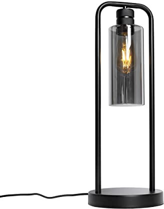 Qazqa - Moderne Tischlampe schwarz mit Rauchglas - Stavelot I Wohnzimmer I Schlafzimmer - Länglich - LED geeignet E27