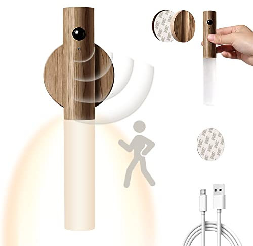 Applique Murale en Bois Rechargeable USB avec Interrupteur, Applique murale d'intérieur à batterie sans fil avec détecteur de mouvement, Lampe Murale LED à Piles Lampe de Chevet Magnétique Blanc Chaud