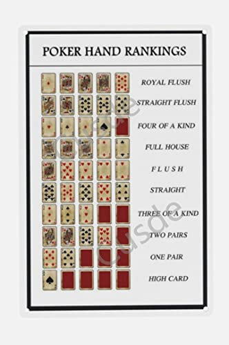 Cusde Metall-Blechschild mit Aufschrift Poker Hand Rankings Chart, Texas Hold'em Poker Rules Guide – Royal Flush – Man Cave-Kartendeck – lustiges Vintage-Poster – 20,3 x 30,5 cm