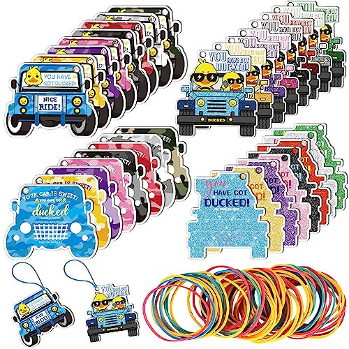 Sratte 320 Pcs Duck Tags Rubber Bands Set, Duck Card, Duck Duck Tags, Duck Ducking Game Card for Car, 3.5 x 2.5 Inch, 2.7 x 2.8 Inch, 160 Duck Tag with Round Hole and 160 Rubber Bands, SUV Car Design