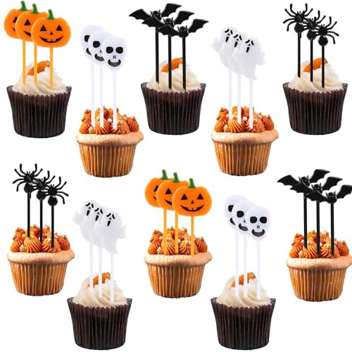 YOUYIKE 50 Stück Halloween Cupcake Topper, 5 Stile: Fledermaus, Geist, Kürbis, Spinne; Kuchendeko Fruit Picks für Halloween Party, Kuchen, Essen, Käseplatte, Vorspeisen Dekor