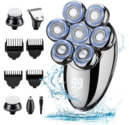 Rasoir Electriques Hommes, 5 in 1 Rasoirs Rotatives, IPX7 Étanche Rechargeable Sec et humide Rasoir Ensemble à tête chauve Rasoir Nez Ave écran LED et Brosse pour le Visage