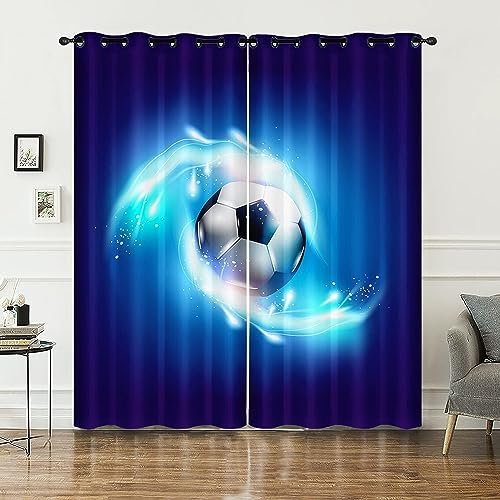 HOSIMA Fußball-Vorhänge,Ösenvorhänge,Set mit 2 Vorhängen,Blaue Blendung,Fußball-Aufdruck,Vorhänge für Kinder,Teenagerzimmer,Vorhänge(Blu-ray-Fußball XXL)