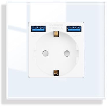 JIMEIDA Toma de cristal con USB 20W en color blanco de empotrar, 1 compartimento Tomas de 16A con 2 USB A máx.2,1A, 86 * 86mm, 250V