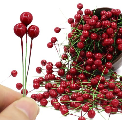 Tuxiaobu 300 bayas de acebo artificiales, mini bayas artificiales de 8 mm en alambre para decoración de árbol de Navidad, corona, guirnalda, adorno de vacaciones, uso artesanal, rojo vino