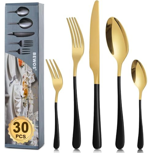 BEWOS 30 Stück Gold und Schwarz Besteck Set für 6 Personen, Lebensmittelq`ualität Edelstahl Besteckset enthalten Steakmesser, Kaffeelöffel und Kuchengabeln, Spülmaschinenfest, Upgraded buntes Design