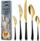 BEWOS 30 pezzi oro e nero set posate per 6, alimentare posate acciaio inox Include forchette, coltelli da bistecca e cucchiai, lavabile in lavastoviglie, posate colorate 30P