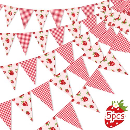 JOYMEMO 5 Stück Erdbeer-Wimpel-Banner – vorbespannte Erdbeer-Dreieck-Flagge, Party-Dekorationen für Mädchen, Beeren-Themen-Geburtstagsparty, Babyparty-Zubehör