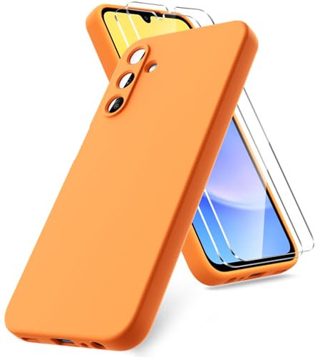 Vansdon Funda Compatible con Samsung Galaxy A15 4G/5G, 2 Unidades Protector Pantalla Cristal Templado, Silicona Líquida Gel Ultra Suave Funda- Naranja