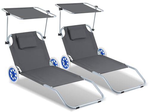 Ansobea 2er Sonnenliege mit Dach Liegestuhl klappbar mit Rollen,Strandliege 5-Fach Verstellbarer Rückenlehne,Gartenliege bis 100kg belastbar Campingliege für Strand oder Pool Garten,Alu,Grau