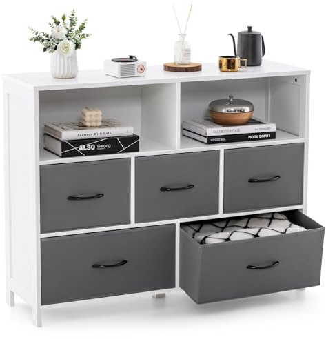 COSTWAY 2/5/7-Drawer Dresser, Fabric Chest of Drawers Cabinet with 5 Support Legs, Wooden Drawers Storage Organizer Unit for Bedroom, Living Room, Closet and Hallway (White+Grey, 5 Drawers+2 Cubes)