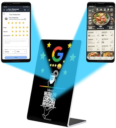 TARAFFICE – NFC-Tischständer für Restaurant, Hybrid, 2-in-1, QR-Code Menü + NFC Google-Hinweis | kompatibel mit iPhone & Android | für Restaurants, Bars, Cafés, Fastfoods, Pizzerien (100 x 145 cm
