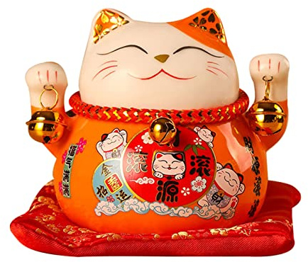 Glückskatzen Spardose 12 x 9 x 10 cm Japanische Deko Maneki Neko Keramik Glückskatze Spardose Feng Shui Münzbank Glücksbringer Kleingeld Spartopf für Schreibtischdekoration (Orangene)