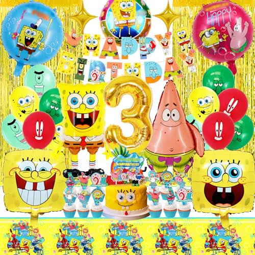 Spongebo Folienballon Geburtstagsdeko 3 Jahre, 39 Stück Spongebo Party Deko mit Glitzervorhang,Tischtücher, Happy Birthday Girlande und Kuchendeko,Geburtstagsüberraschung für Jungen und Mädchen