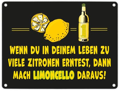 Metallschild in 15x20 cm mit Spruch Mach aus Zitronen Limoncello schwarz gelb Originelles Metallschild in 15x20 cm Schwarz und geistreich - Mach dein Leben´ s Limoncello aus
