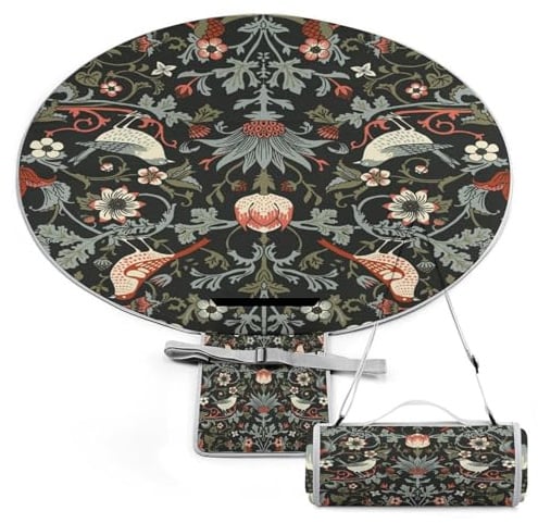 SEEKJOYS Runde Picknickdecke, Vintage-Blumen und Vögel, mit Tragegurt, faltbar, tragbar, 3-lagig, wasserdicht, Stranddecke für Outdoor, Camping, Sommer, Strandmatte, 152,4 cm Durchmesser