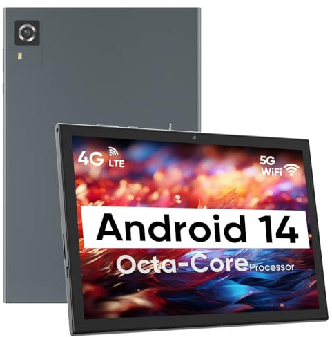 Android 14 Tablet, 10.1 Inch, 4G Cellular, Octa-Core, 128GB + 8GB RAM/1TB Expandable, 5G WiFi, 6000mAh Battery, Bluetooth 5.0, 5MP+8MP Camera, Protective Film, Gray