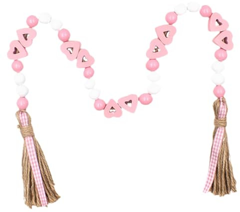 SHOWERORO Valentine's Day Wooden Beads Tray Decor Farmhouse Beads Heart Bead Garland Valentine Ornament Garland Beads Valentines Day Party Supplies Hanging Door Bead Valentine Garland Pink