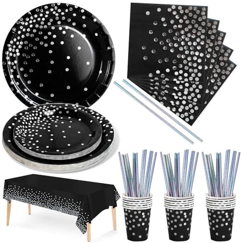 Nkaiso 126 Pezzi Nero e argento Stoviglie per Feste, Festa Decorazioni Set Include Piatti di Carta Tovaglioli Tazze di Carta Cannucce Tovaglia,per Nuziale Matrimonio,Compleanno -25 Ospiti