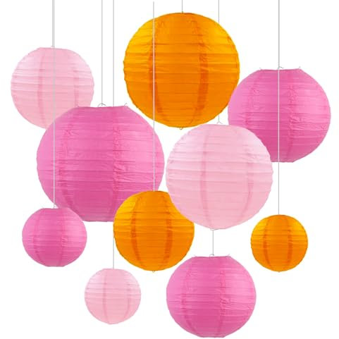 ZYOOO 10 Stück Orange Rosa Papierlaterne Lampion rund Lampenschirm (Set 4 Farben à 25cm, 20cm,15cm,10cm) Lampions Hochzeit,Gartenparty Deko,Bride to Be Deko,Herbst Deko