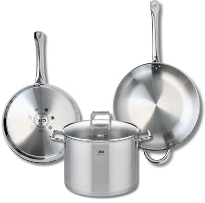 ELO 9508150 Batterie de cuisine 3 pièces, Ensemble de 2 Poêles de cuisson 28 et 32 cm et 1 faitout 26 cm Elo Profi Citrin, inox, induction