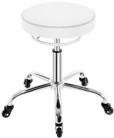 WOLTU Rollhocker höhenverstellbar, Bürohocker 360° drehbar, Drehhocker mit Rollen, runder Hocker Arbeitshocker für Büro, Salon und Spa, Kunstleder, Weiß