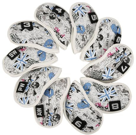 Leather Golf Club Iron Head Covers 10 Piece Set Union Jack Skull Punk Headcover Protector Blue