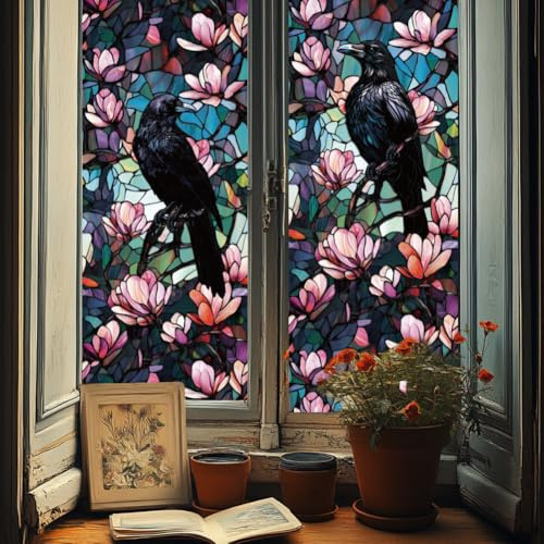 ANATTASOUL Blumen und Krähe Fensterbilder for Frühling Sommer