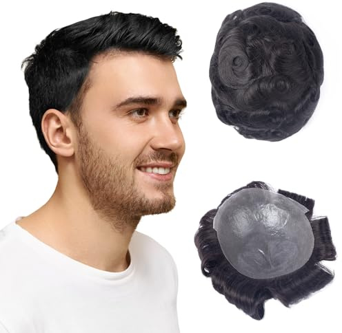 Men's Human Hair Toupee,8 X 10 Inch,120% Density Real Human Hair Piece, Thin Skin Base, Hair Replacement System For Men (Natural Black 1B)