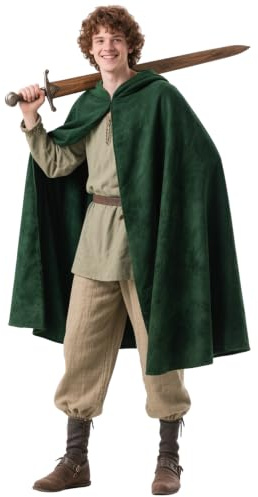 Grün Samt Umhang mit Kapuze Elf Waldläufer Mittelalter Kostüm Herren Damen | Renaissance Mantel, Kapuzenmantel, Kapuzenumhang, Ranger Elf Elben Fantasy Cosplay, LARP, Halloween, Fasching, Karneval