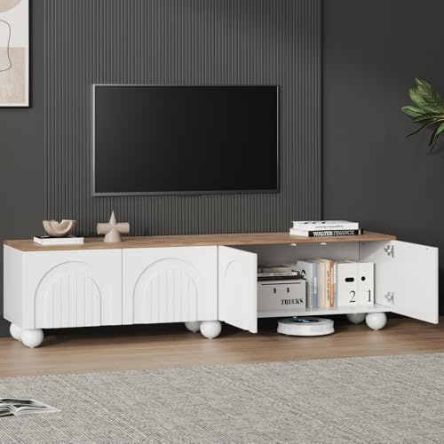 EURHCIO Meuble TV 180x40x45cm,Meuble Tele,Meubles Bas Rangement avec 4 Portes en Relief Tridimensionnel,6 Pieds Métalliques Sphériques,pour Téléviseurs de 80 Pouces
