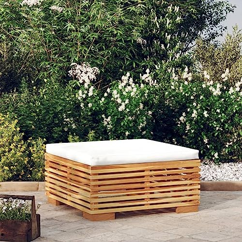 IBUQDDV Gartenhocker mit Creme Kissen aus Massivholz Teak, Fußhocker mit Latten-Design und weichem Polster für Terrasse, Garten oder Innenhof, witterungsbeständiges Teakholz,