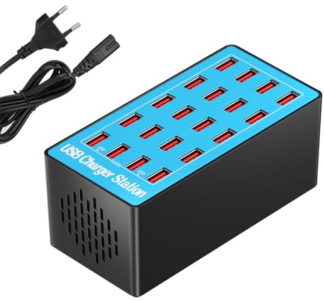 Caricatore Multiplo, Stazione di Ricarica a 20 Porte USB da 100W/20A, Hub di Alimentazione Compatibile Con iPhone 15/14/13, Samsung S25/S24/S23, Google, Tablet