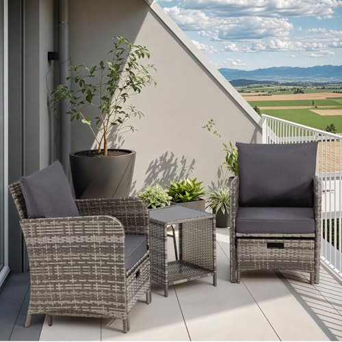 AVAWING 5-teiliges Gartenmöbel-Set, Rattan Balkonmöbel Set mit Kaffeetisch, 2 Sesseln, 2 Hockern & waschbaren Kissen, Wetterfeste Terrassenmöbel für Garten, Balkon oder Poolbereich