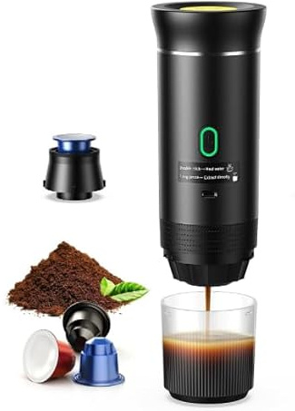 Yospinber Cafetera Espresso Eléctrica Portátil 3 en 1, Cafetera de Viaje para Camping, Cafetera de Coche Autocalentable con USB-C, 20BAR Presión, para Cápsulas Pequeñas o Grandes y Café Molido
