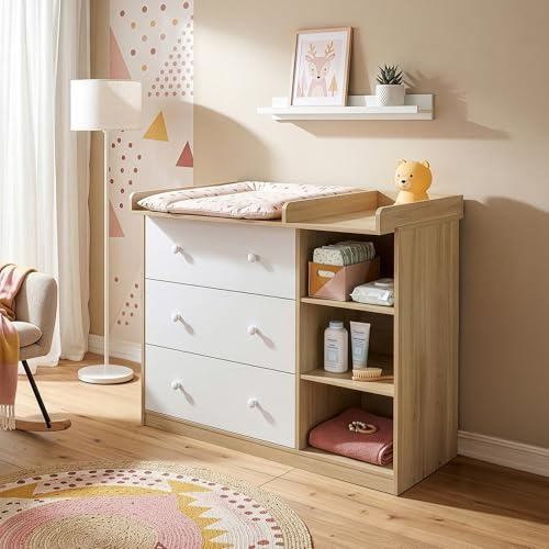[en.casa] Cassettiera con Piano Fasciatoio Rimovibile Scaffale per la Cura del Bambino Neonato con 3 Cassetti e 3 Scomparti Aperti per Cameretta 93 x 110 x 55 cm - Effetto Rovere/Bianco