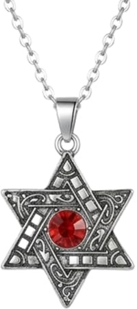 Sechszackiger Stern-Anhänger aus Edelstahl, geometrischer Schmuck mit 45 cm langer Kabelkette, silberfarbene Farbe, verziert mit rotem Kristall, robustes Mode-Accessoire (32 x 32 mm).