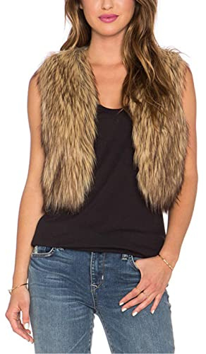Tanming Women's Sleeveless Open Front Fluffy Short Faux Fur Vests Waistcoats (Grey-M)