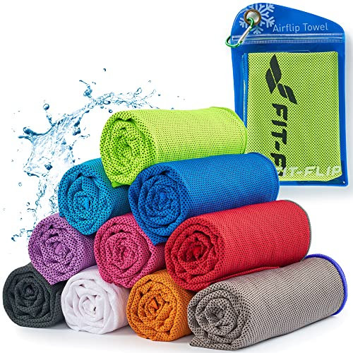 Fit-Flip Airflip Kühltuch - Ice Cooling Towel - das kühlende mikrofaser Sporthandtuch für Nacken und Hals - Kühlhandtuch für Fitness und Sport (neon grün-dunkel Blauer Rand, 120x35cm)