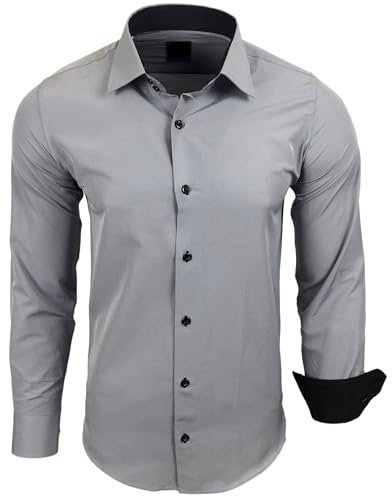 Subliminal Mode RN44 - Camisa, de planchado fácil, para hombre, cuello bicolor liso, manga larga, ceñida, para negocios, para regalo, Navidad y San Valentín, gris, M