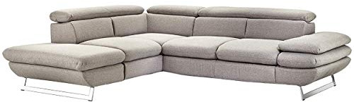 Mivano Ecksofa Prestige, Modernes Schlafsofa in L-Form mit Ottomane und Bettfunktion, Kopfstützen und Armlehne verstellbar, 265 x 74 x 223, Strukturstoff, grau