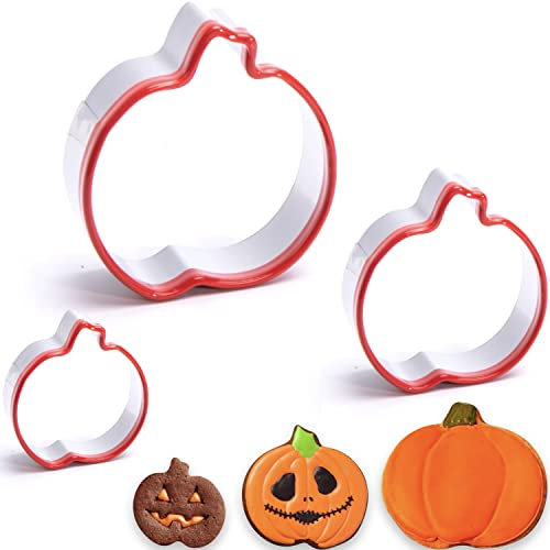 3-teiliges Halloween-Kürbis-Ausstechformen, 6,9 cm, 8,4 cm, 10,2 cm, Herbst-Erntedank-Ausstechformen, lebensmittelechtes Edelstahl, einzigartiges Design mit schützender roter Oberseite PVC