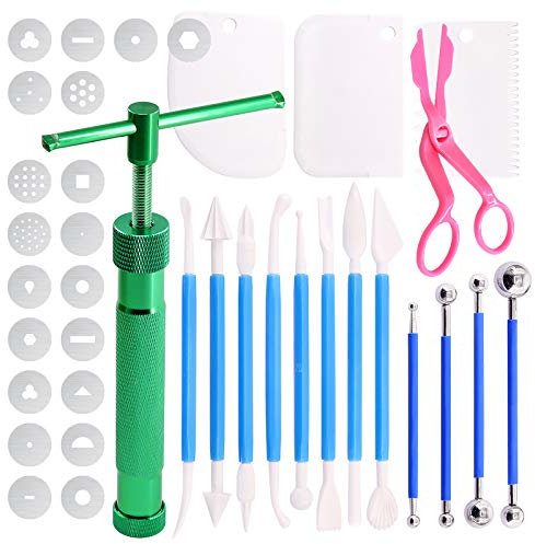 Swpeet 36Pcs Green Clay Extruder Gun Fondant Sugar Paste Extruder Clay Cake Sculpture Gun, Ball Stylus Dotting Tool with Plastic Scraper, Cake Decorating Supplies Modeling Tool