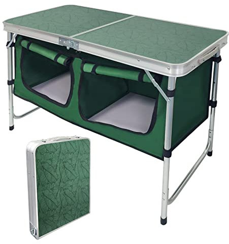 CampLand Klappbarer Campingtisch für den Außenbereich, Aluminium, leicht, höhenverstellbar, mit Aufbewahrung, Organizer, Picknicktisch für Grillen, Party, Camping (grün)