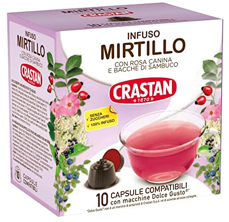 CRASTAN 1870, 10 Capsule, 1 Box da 10 Capsule di Infuso al Gusto Mirtillo, Capsule Compatibili con Dolce Gusto Senza Zuccheri Aggiunti, Senza Glutine, 100% Made in Italy